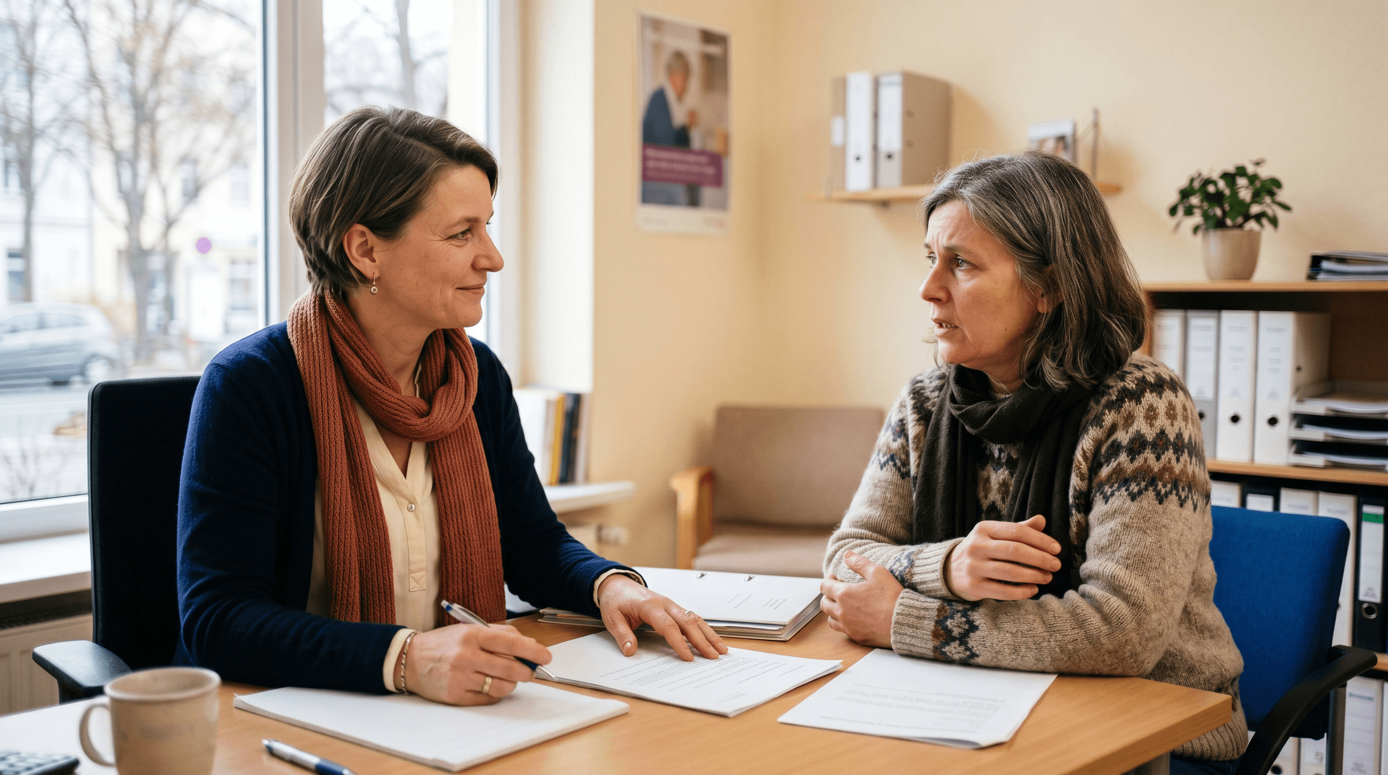 Pflegeberaterin im Gespräch mit einer pflegenden Angehörigen in einem kleinen, unabhängigen Beratungsbüro