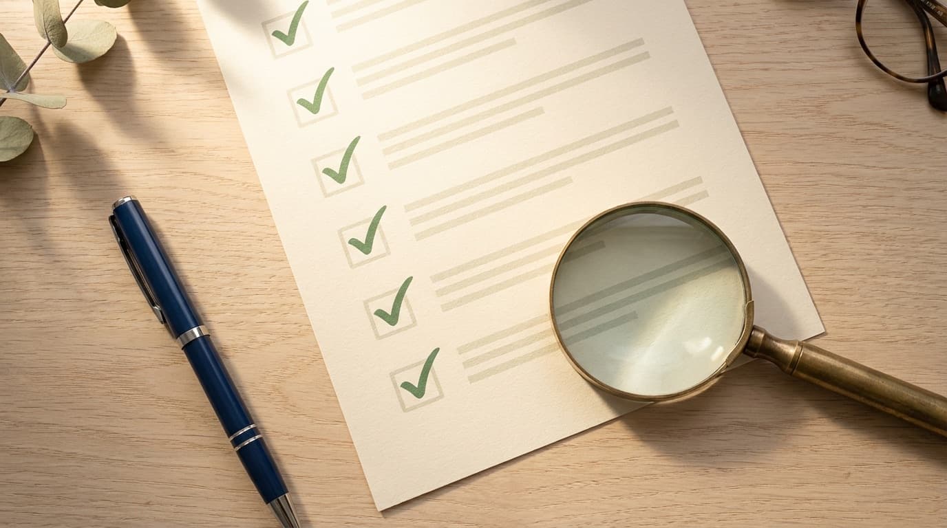 Checkliste seriöse Pflegehilfsmittel-Anbieter — Prüfliste auf Holztisch mit Lupe und Kugelschreiber