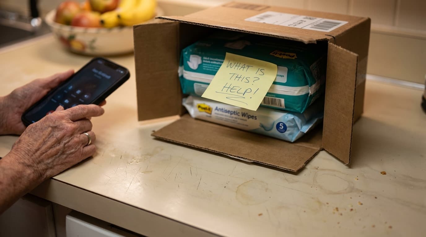 Betrugsmasche Pflegehilfsmittel — unbestelltes Paket auf dem Küchentisch, ältere Hand greift zum Telefon