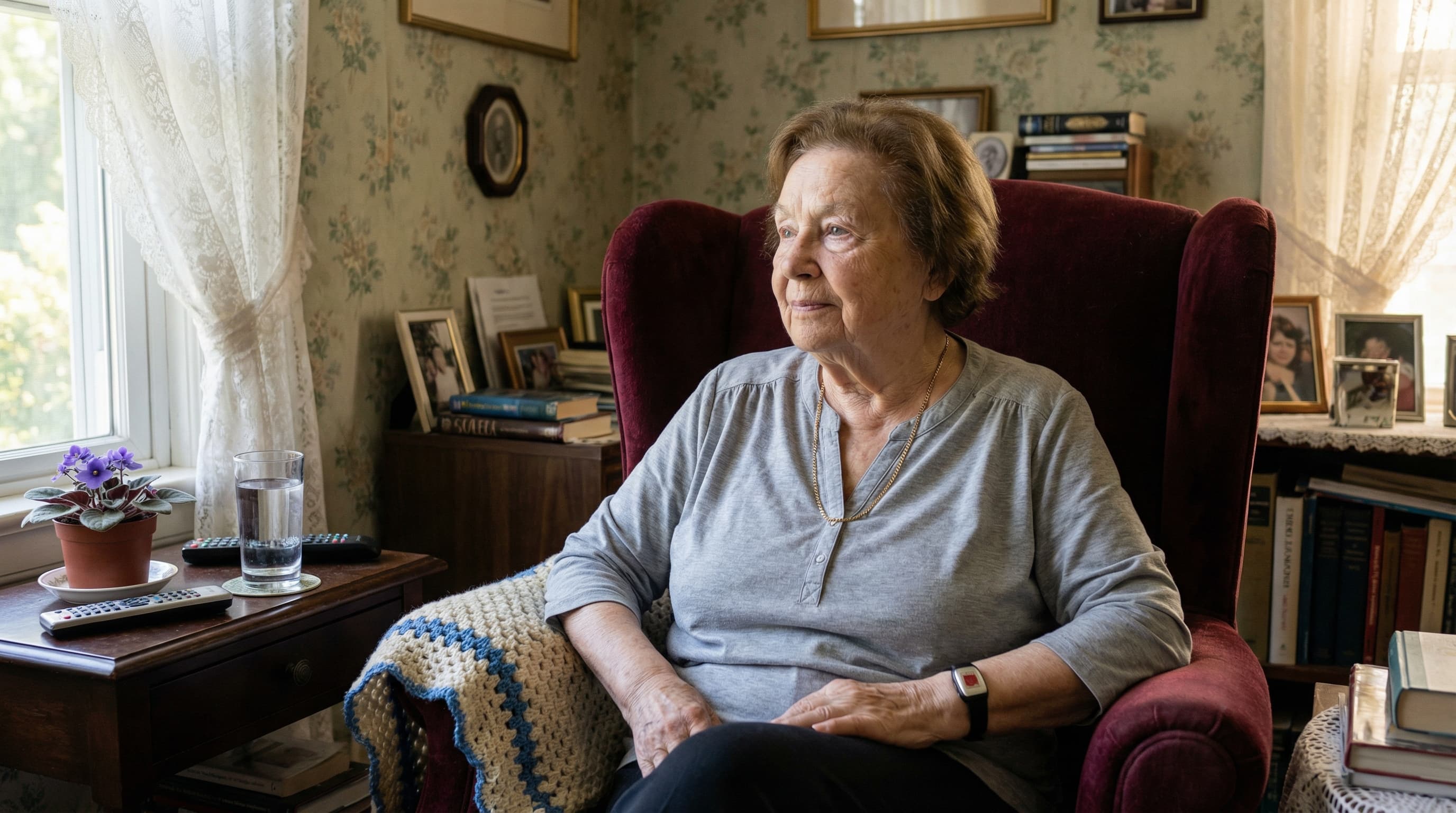 Seniorin mit Hausnotruf-Armband — Sicherheit zuhause