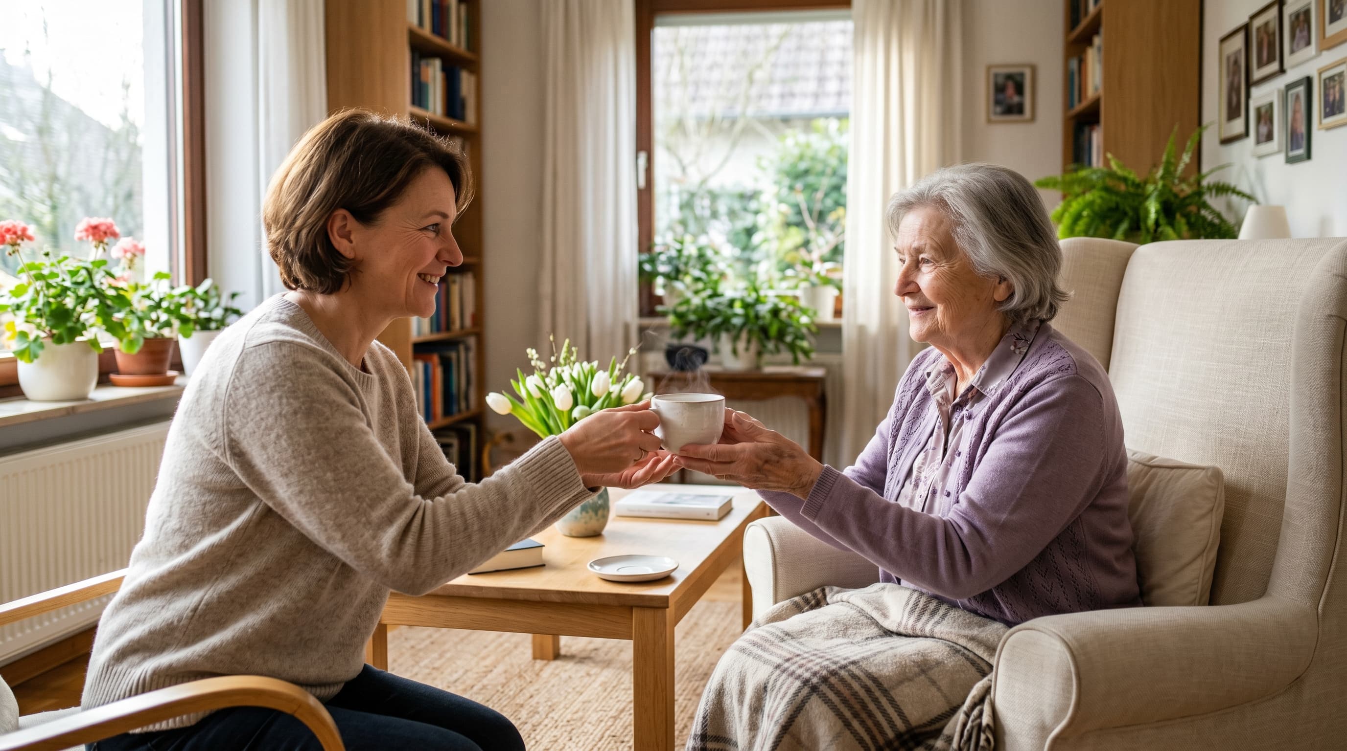 Tochter reicht ihrer pflegebedürftigen Mutter im Wohnzimmer eine Tasse Tee