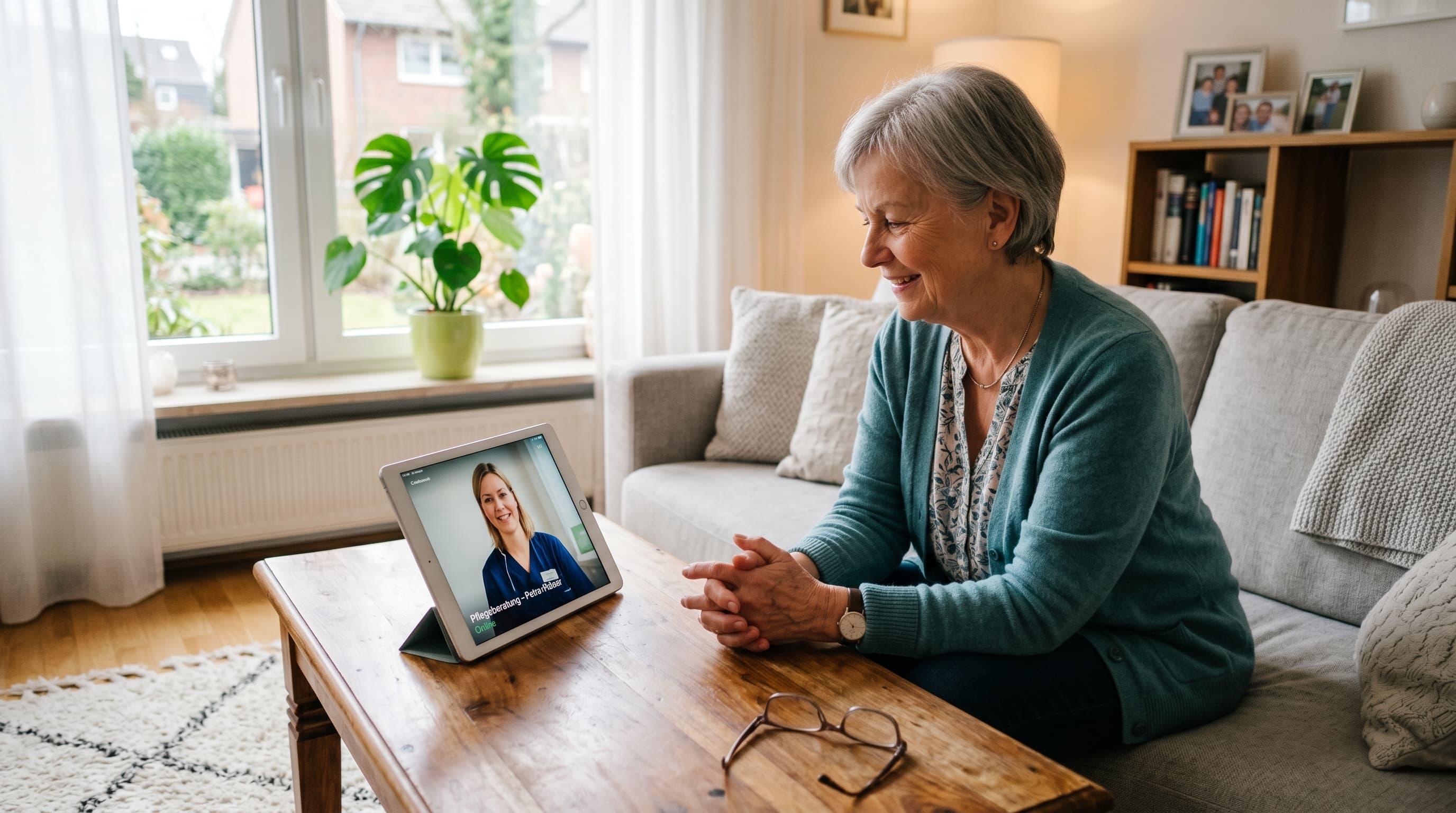 Seniorin im Video-Beratungsgespräch mit einer Pflegeberaterin am Tablet