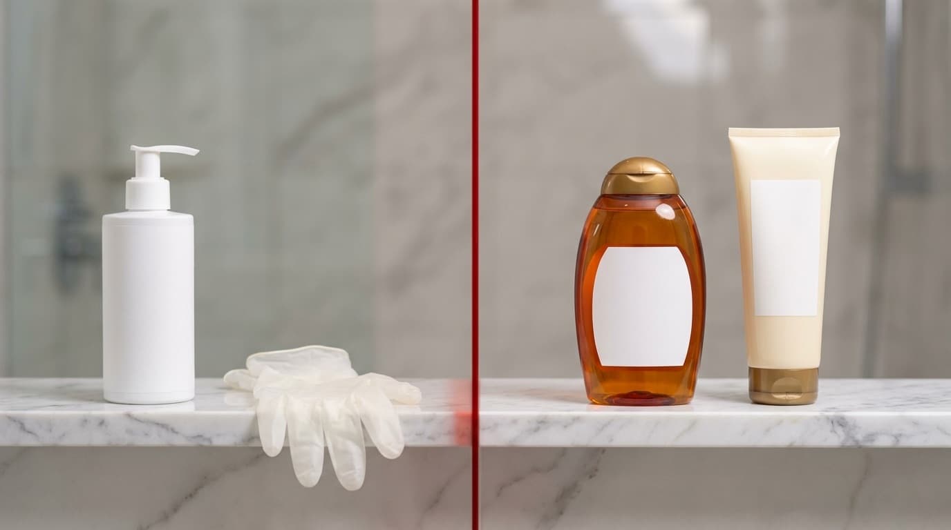 Pflegebox Inhalt Vergleich — antimikrobielle Handwaschlotion und Handschuhe vs. Duschgel und Bodylotion