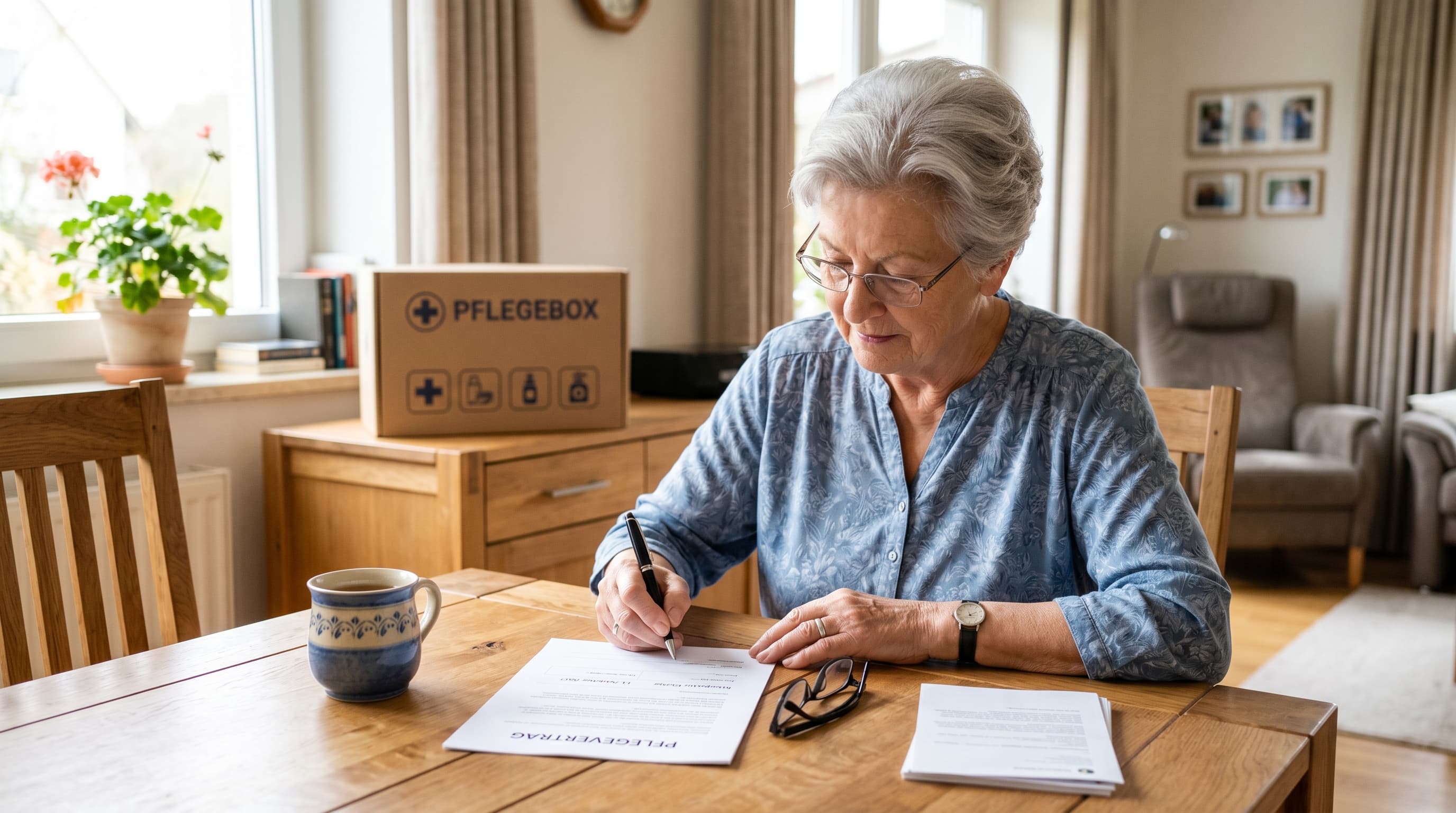 Pflegebox kündigen oder wechseln — Frau packt zufrieden eine neue Pflegebox mit Pflegehilfsmitteln aus