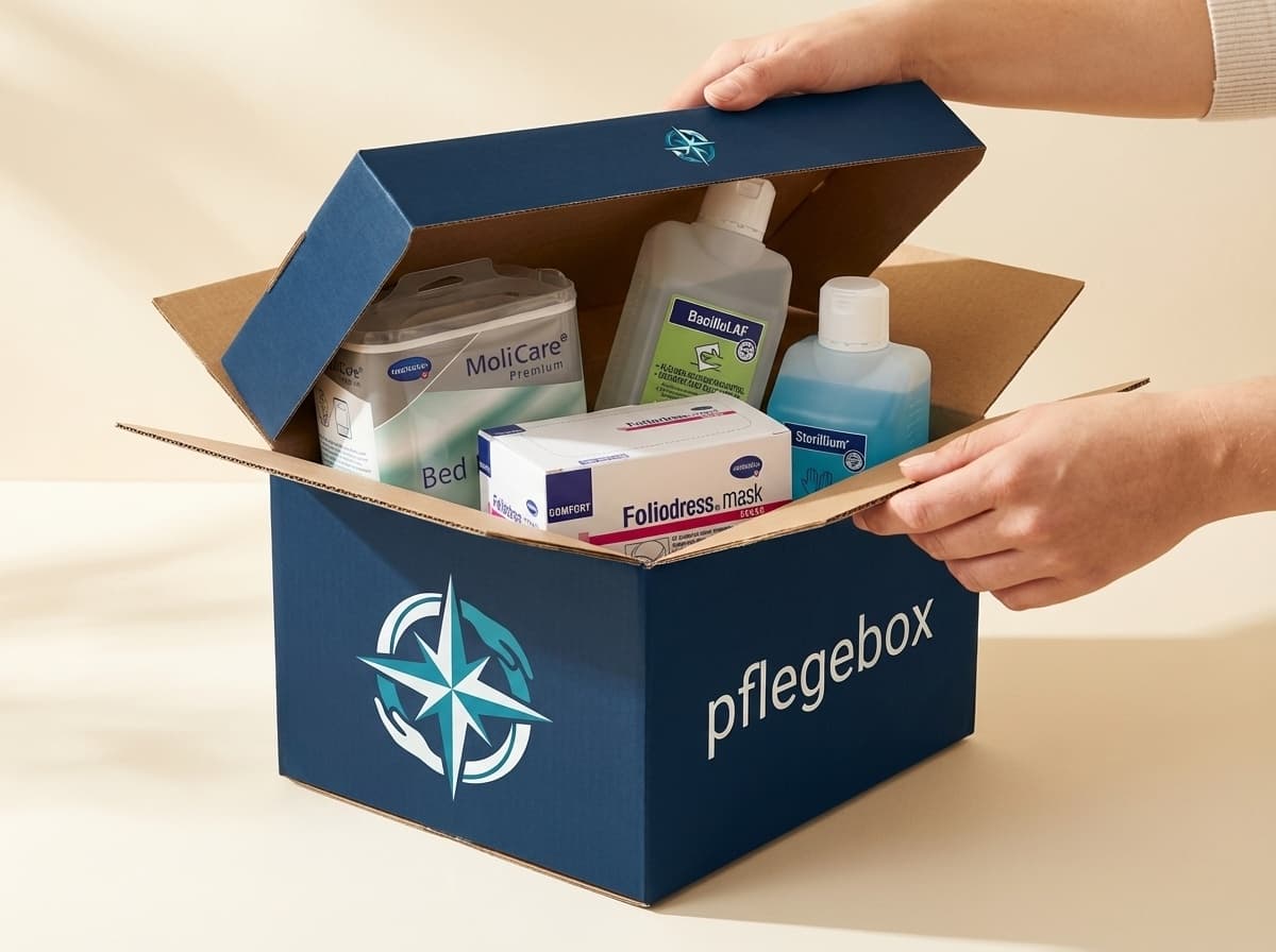 Pflegekompass Pflegebox mit Einmalhandschuhen, Desinfektion und FFP2-Masken
