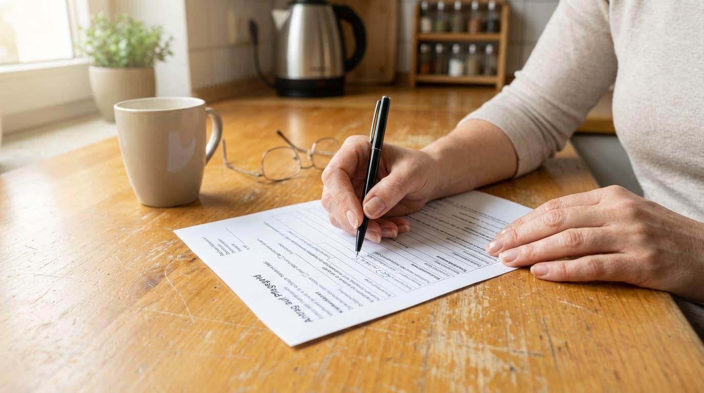 Pflegegeld 2026 beantragen — Hand füllt Antragsformular am Küchentisch aus, Kaffeetasse daneben