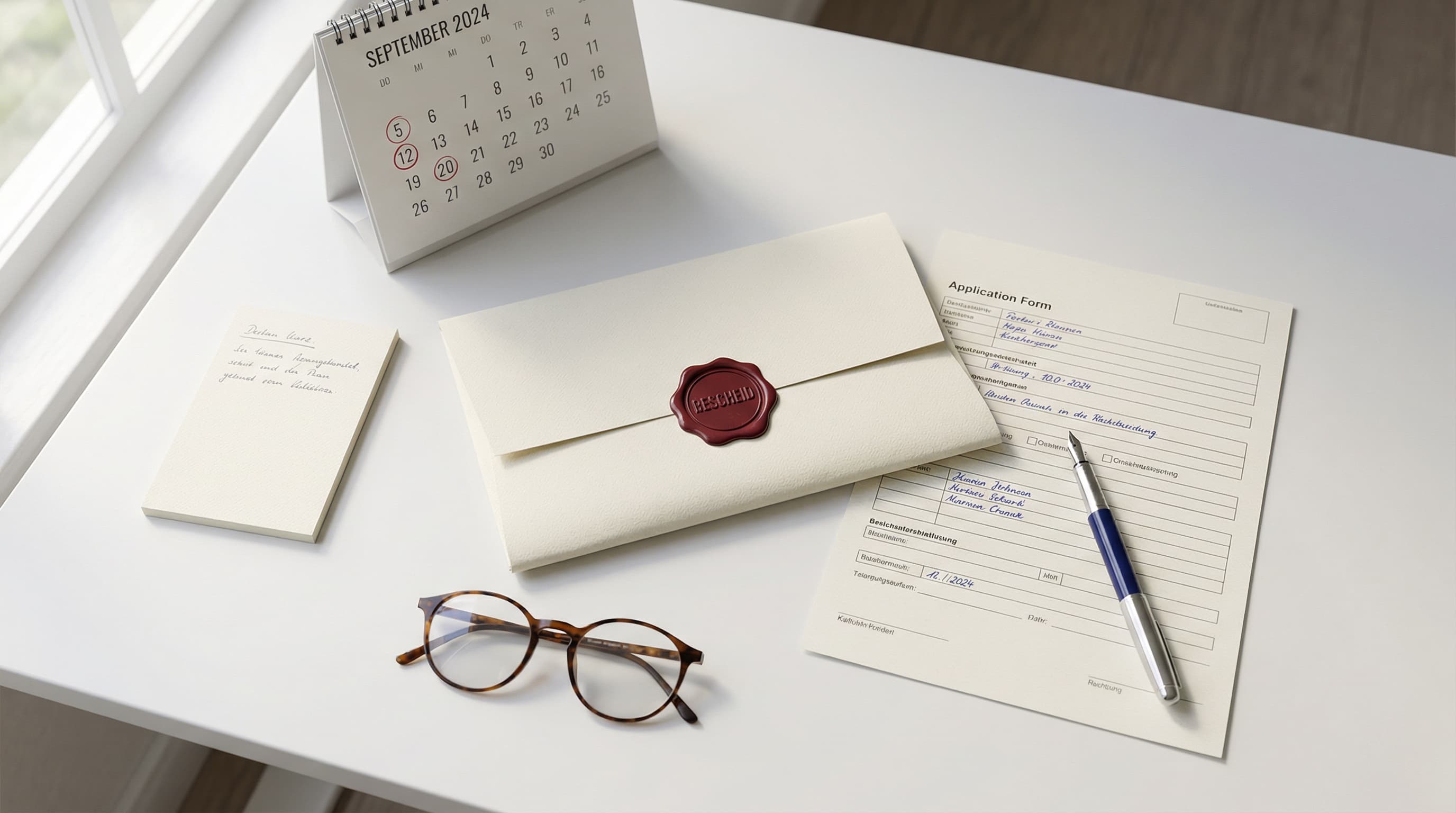 Pflegegeld beantragen Unterlagen — Antragsformular, Stempel, Brief und Kalender auf dem Schreibtisch