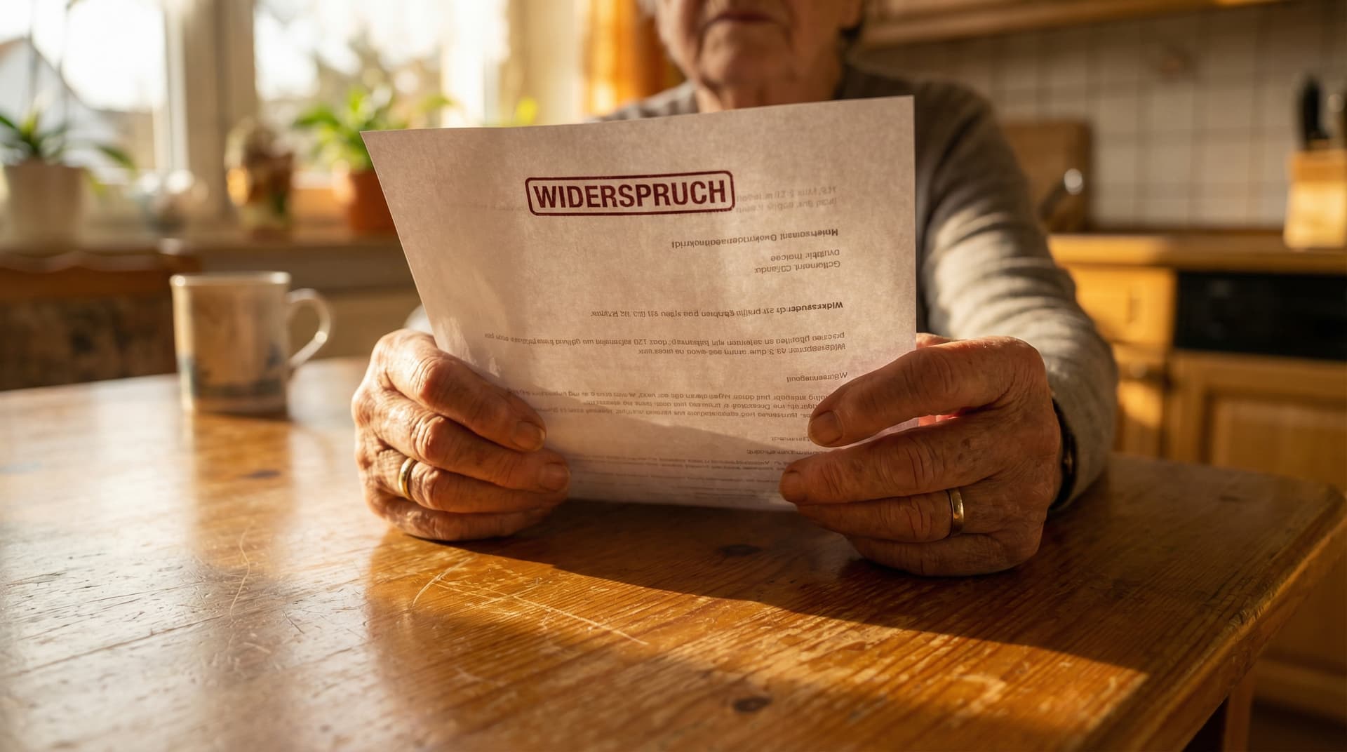Pflegegeld Kürzung Widerspruch — Hände halten einen Widerspruch-Brief gegen den Kürzungsbescheid