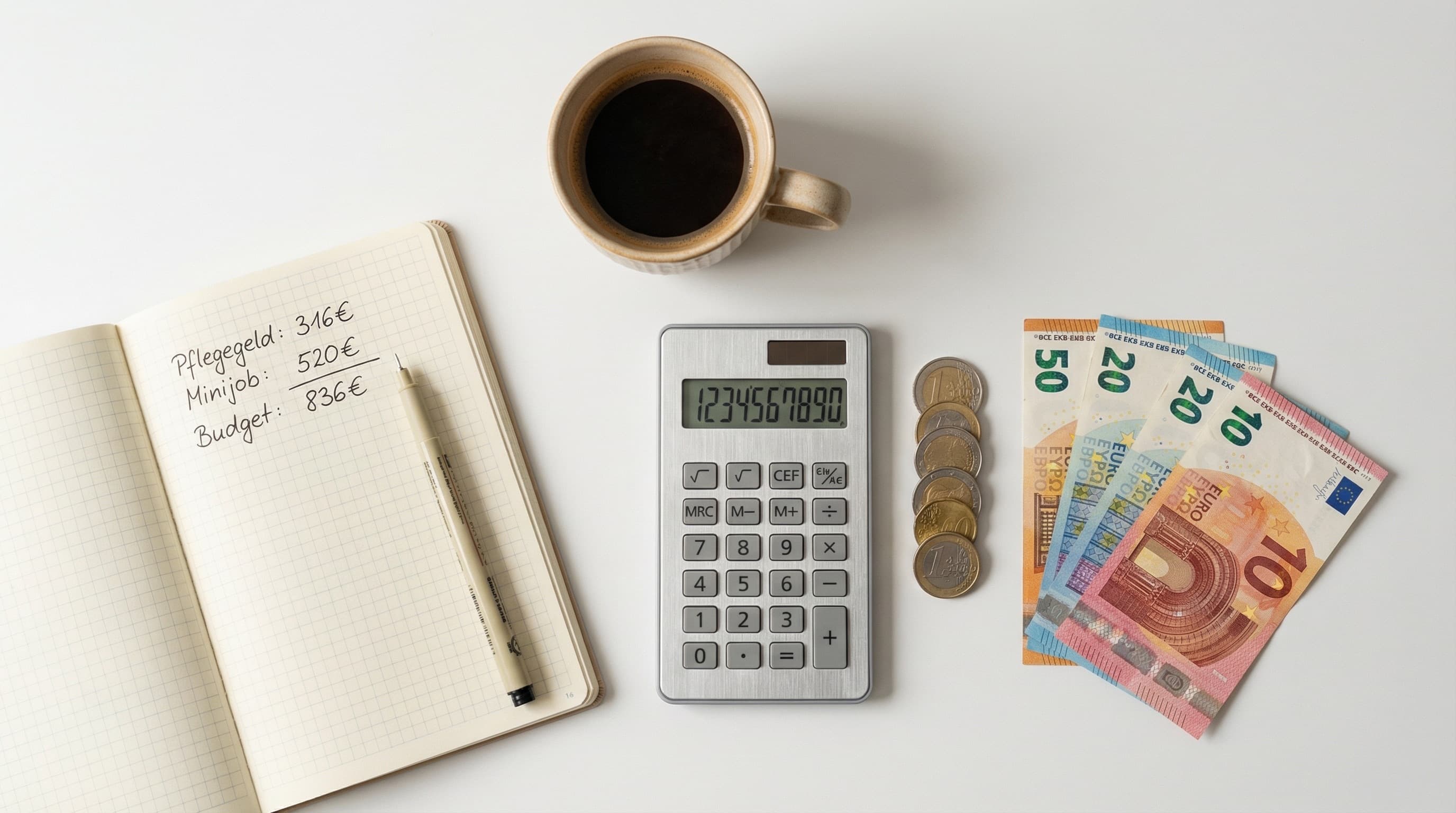 Pflegegeld und Minijob Grenze — Taschenrechner und Euromünzen zur Berechnung der 556-Euro-Grenze