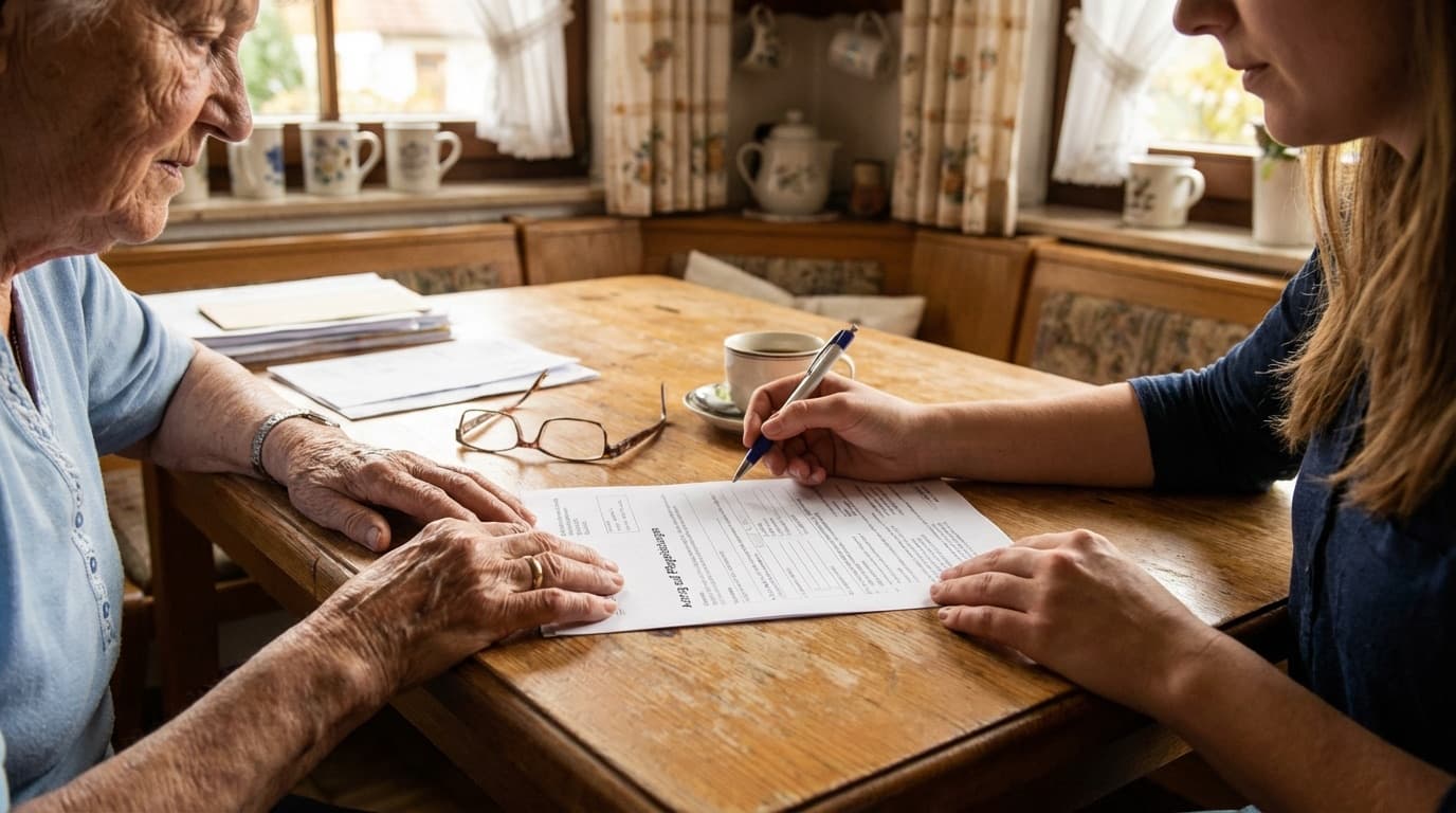 Formular und Taschenrechner auf dem Tisch — Pflegegrad berechnen