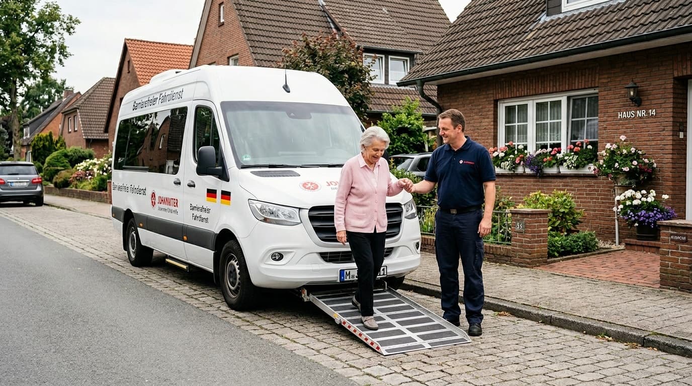 Ein Fahrdienst holt eine ältere Frau an der Haustür zur Tagespflege ab