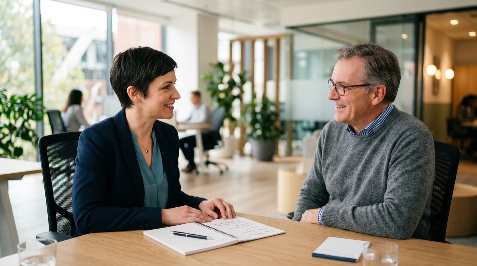 HR-Verantwortliche bespricht die betriebliche Pflegeberatung als Benefit mit einem Mitarbeiter am Schreibtisch