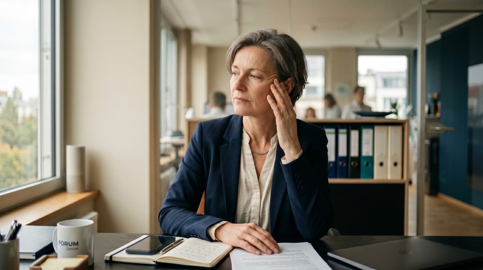Pflegende Angehörige im Unternehmen: erschöpfte Mitarbeiterin am Schreibtisch zwischen Beruf und Pflegeorganisation