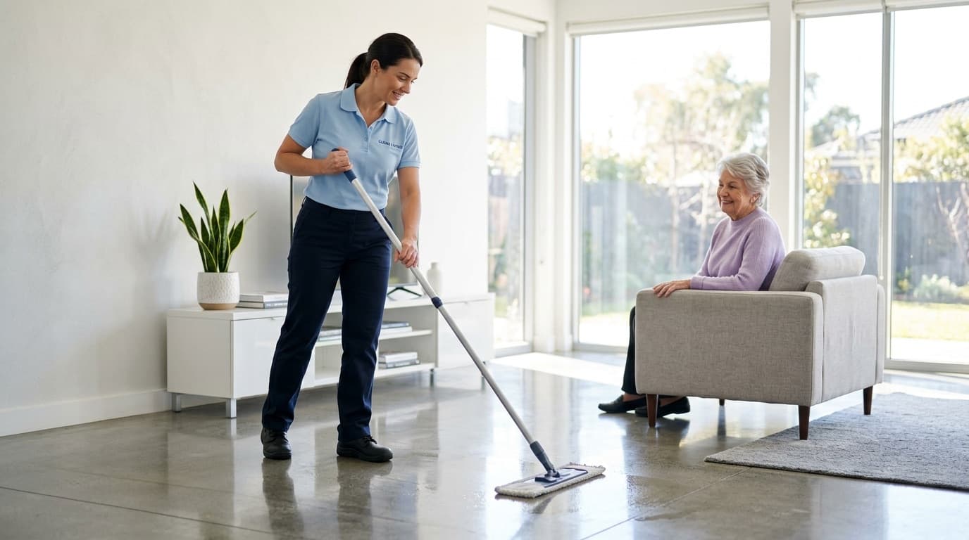 Haushaltshilfe unterstützt Seniorin bei der Hausarbeit