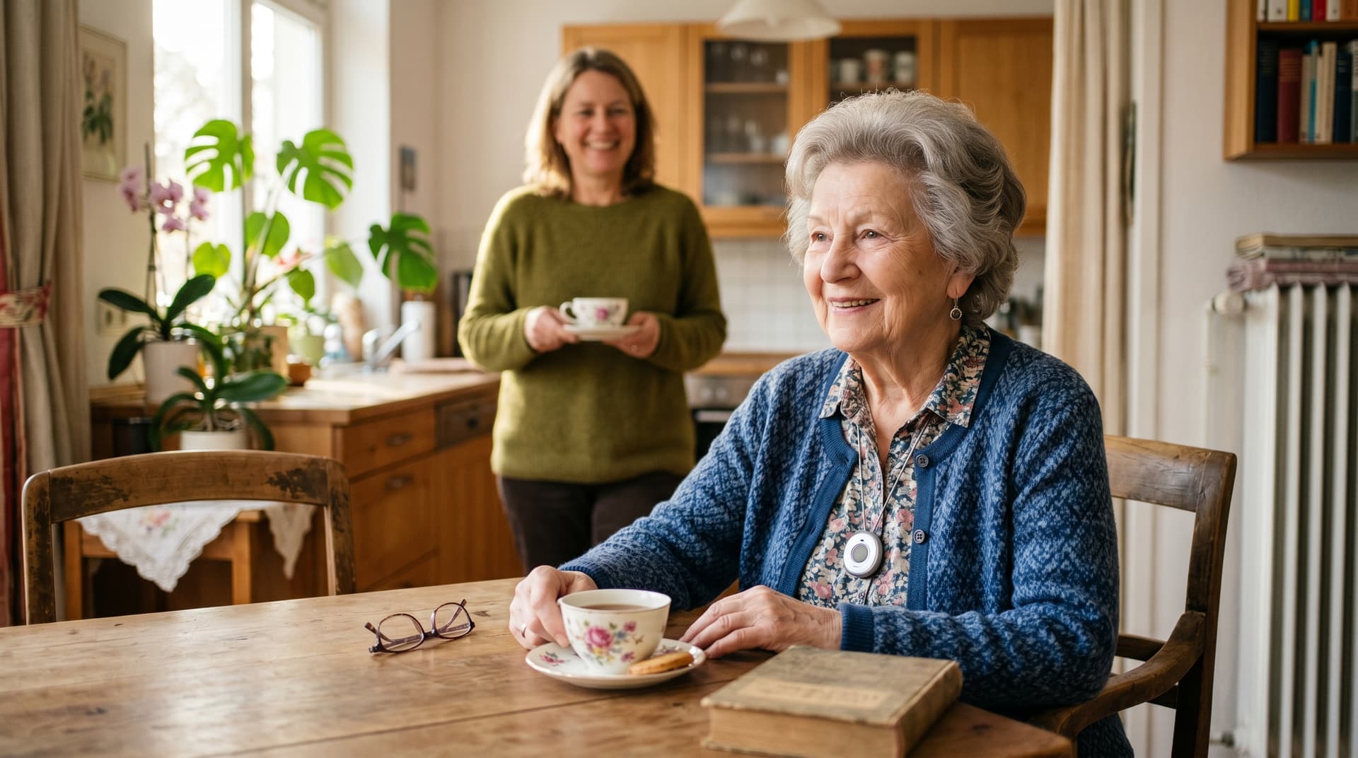 Seniorin mit Notrufknopf an der Kette trinkt Tee, ihre Tochter steht lächelnd in der Küche