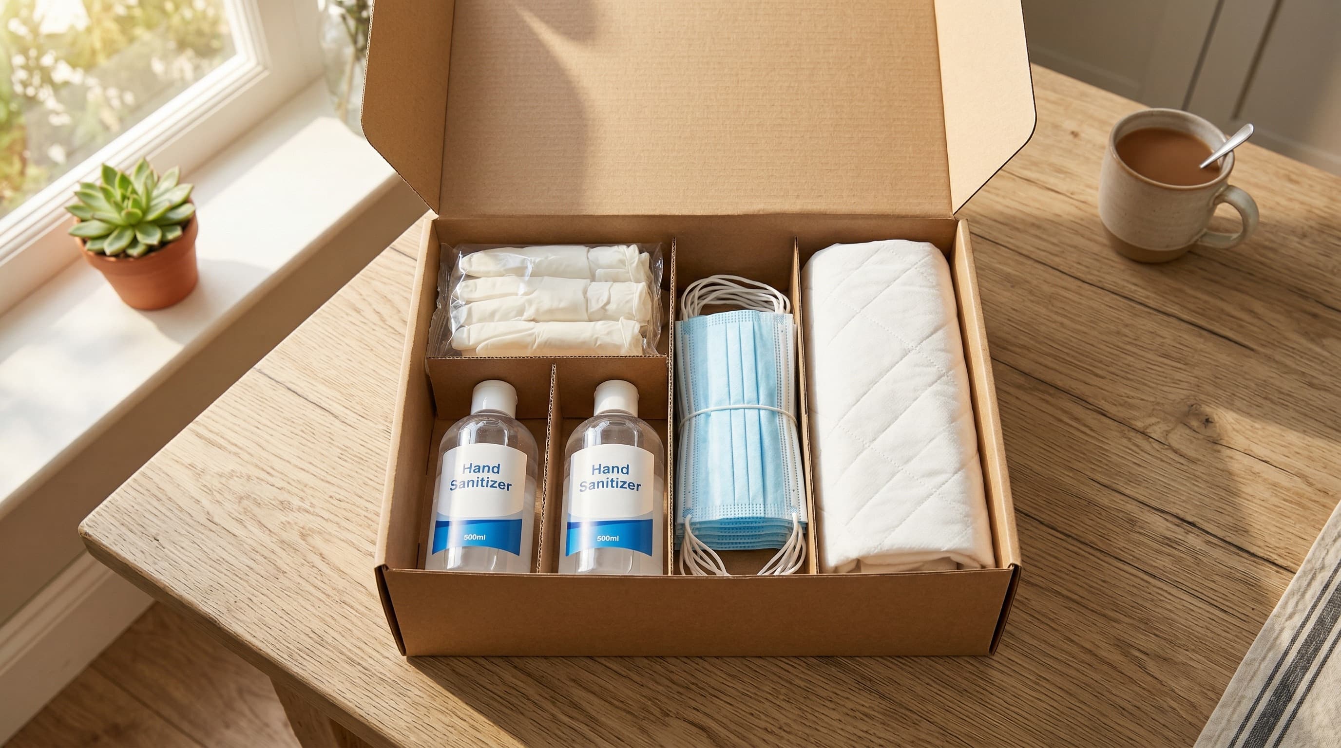 Inhalt einer monatlichen Pflegebox: Einmalhandschuhe, Desinfektionsmittel, Bettschutzeinlagen und weitere Pflegehilfsmittel