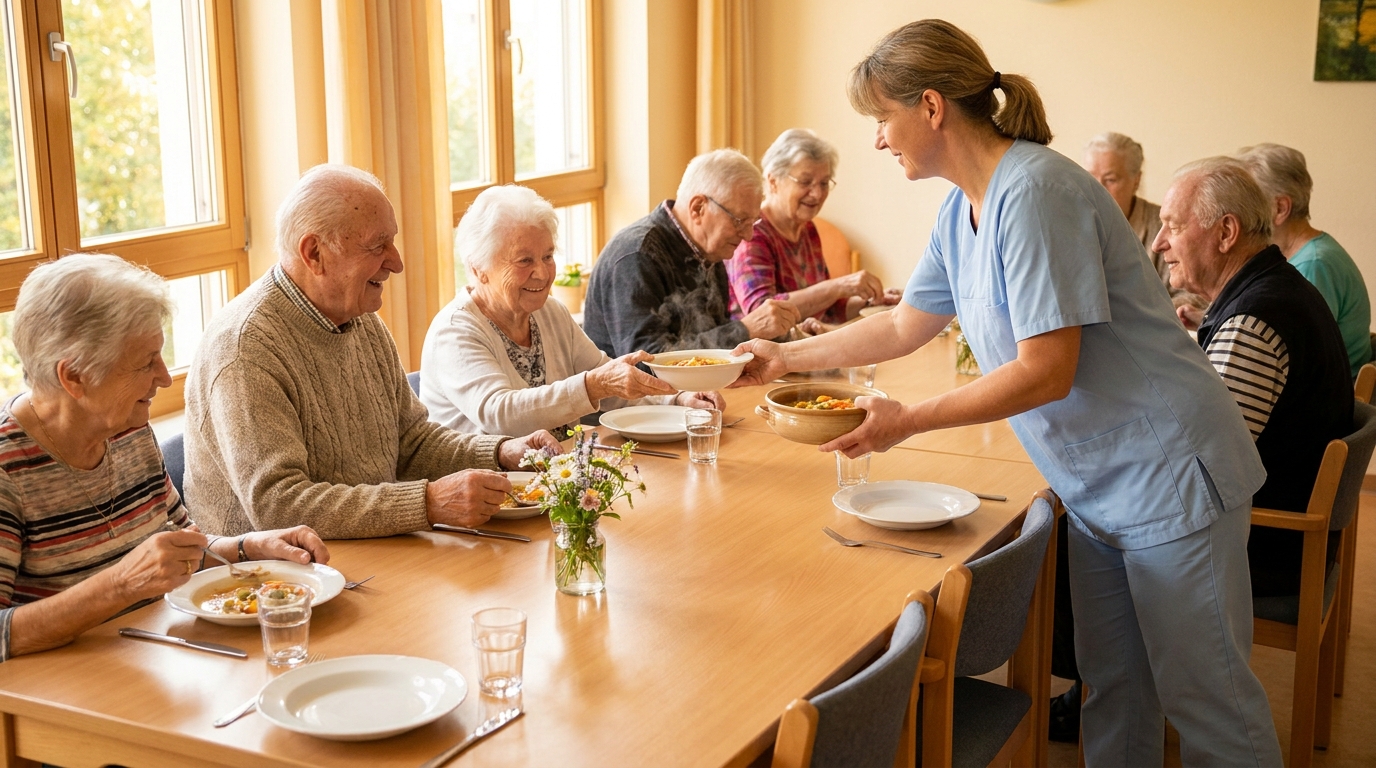 Ältere Menschen beim gemeinsamen Mittagessen in einer Tagespflege, eine Pflegekraft reicht eine Schüssel
