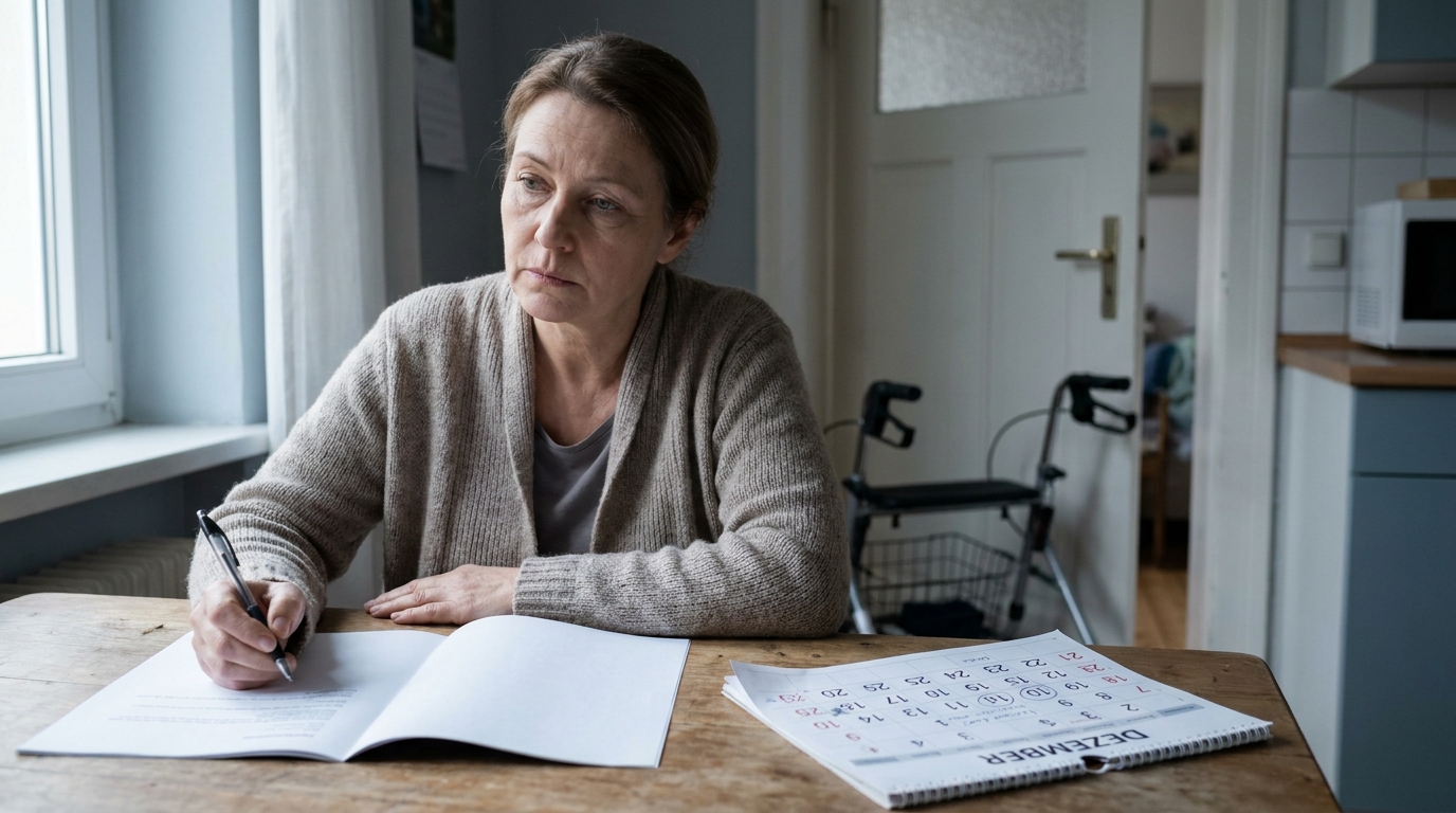 Pflegende Angehörige sitzt mit Kalender und Antragsformular am Küchentisch